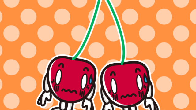 ショックを受けるさくらんぼちゃんのイラスト【色、背景あり】PNG