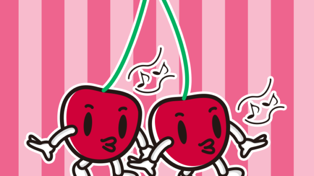 口笛を吹くさくらんぼちゃんのイラスト【色、背景あり】PNG