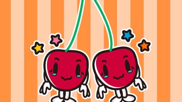 ジーンとするさくらんぼちゃんのイラスト【色、背景あり】PNG