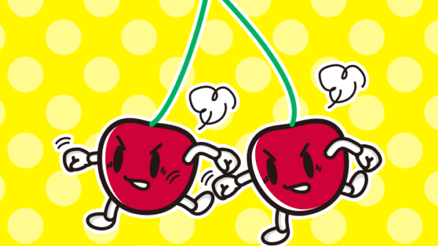 パンチするさくらんぼちゃんのイラスト【色、背景あり】PNG