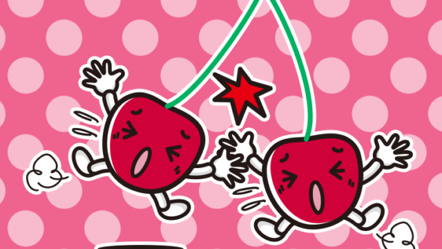 ぶつかるさくらんぼちゃんのイラスト【色、背景あり】PNG