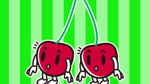 何かに気付くさくらんぼちゃんのイラスト【色、背景あり】PNG