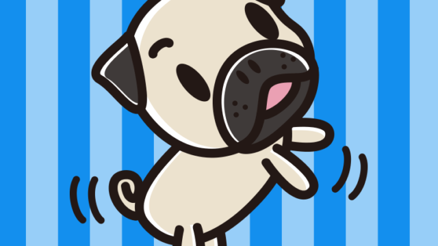 立つパグちゃん（犬）のイラスト【色、背景あり】PNG