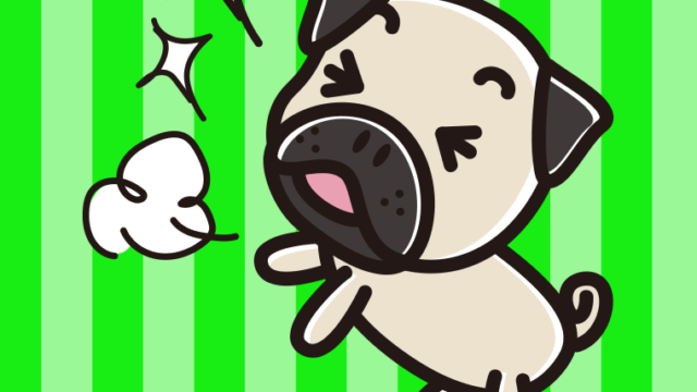 喜ぶパグちゃん（犬）のイラスト【色、背景あり】PNG