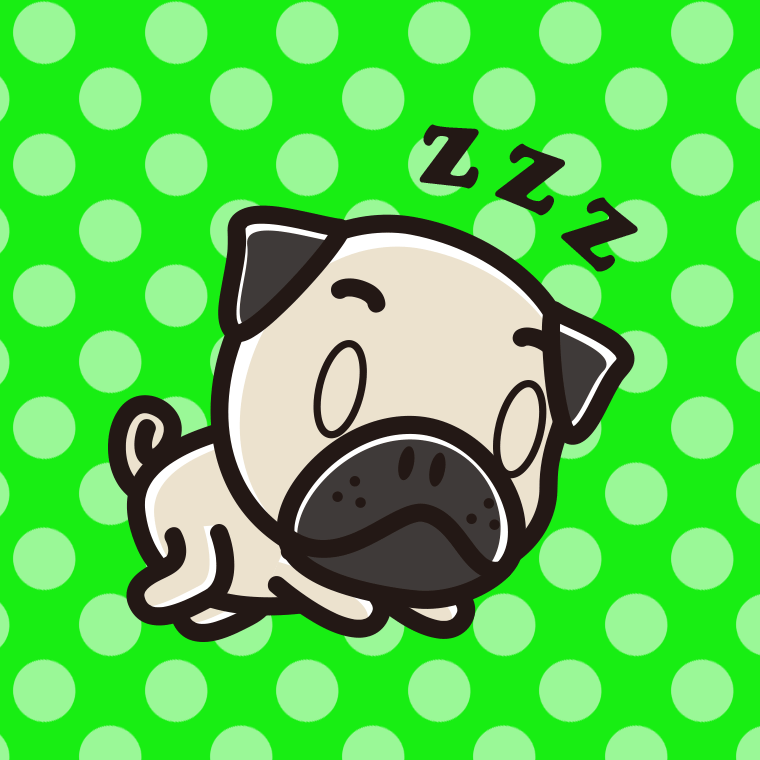 眠っているパグちゃん（犬）のイラスト【色、背景あり】PNG