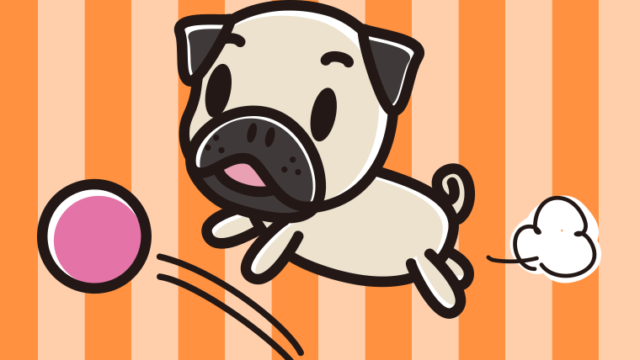 ボールを追うパグちゃん（犬）のイラスト【色、背景あり】PNG