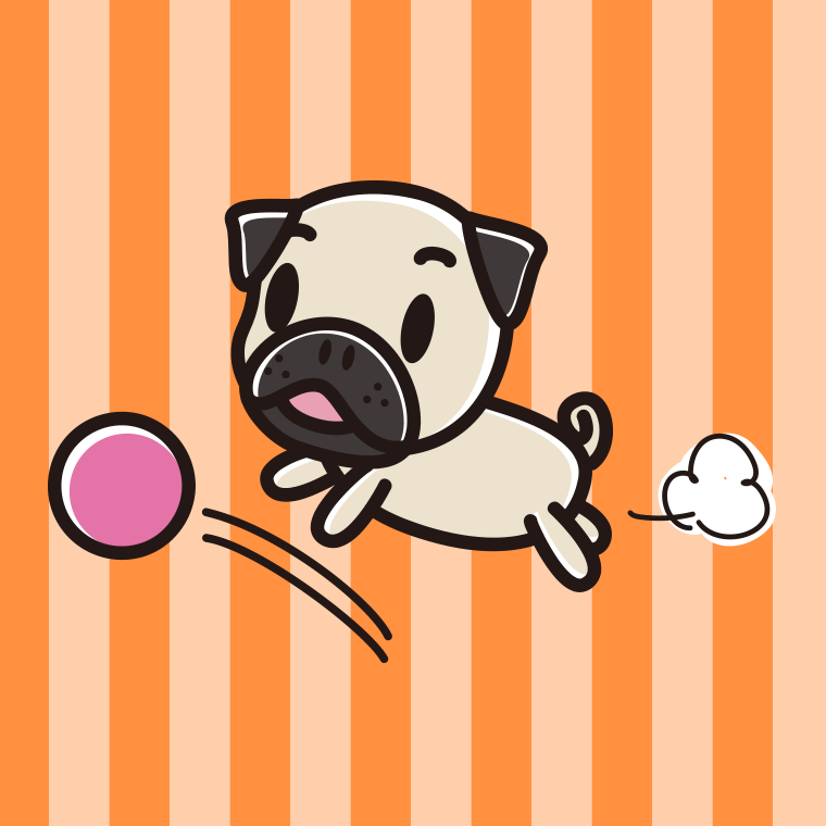 ボールを追うパグちゃん（犬）のイラスト【色、背景あり】PNG