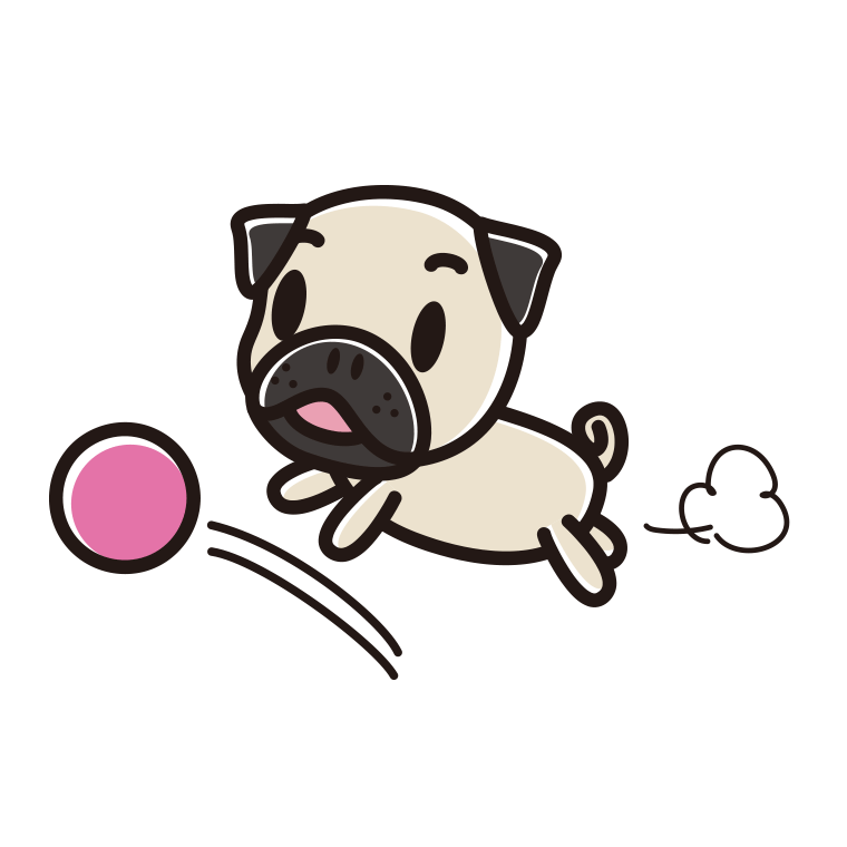 ボールを追うパグちゃん（犬）のイラスト【色あり、背景なし】透過PNG