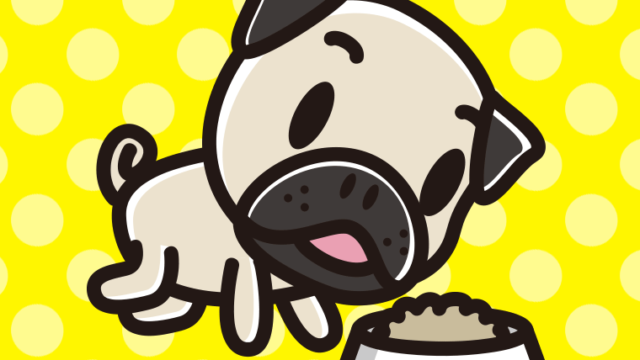 ごはんを食べるパグちゃん（犬）のイラスト【色、背景あり】PNG