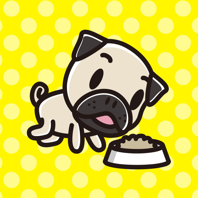 ごはんを食べるパグちゃん（犬）のイラスト【色、背景あり】PNG