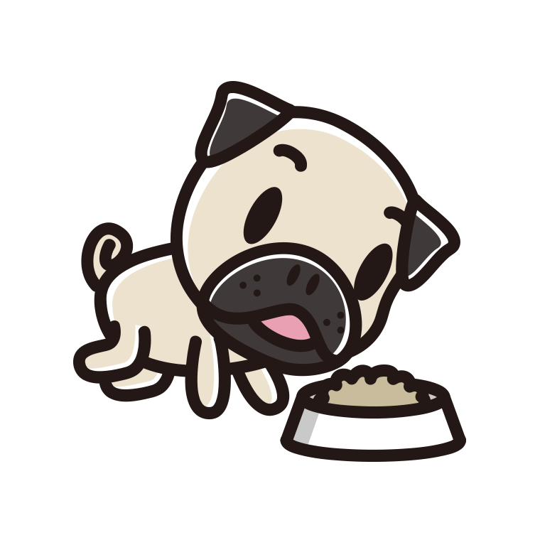 ごはんを食べるパグちゃん（犬）のイラスト【色あり、背景なし】透過PNG