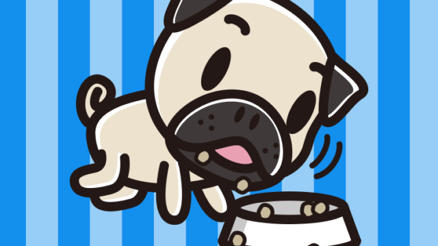 ごはんをモリモリ食べるパグちゃん（犬）のイラスト【色、背景あり】PNG