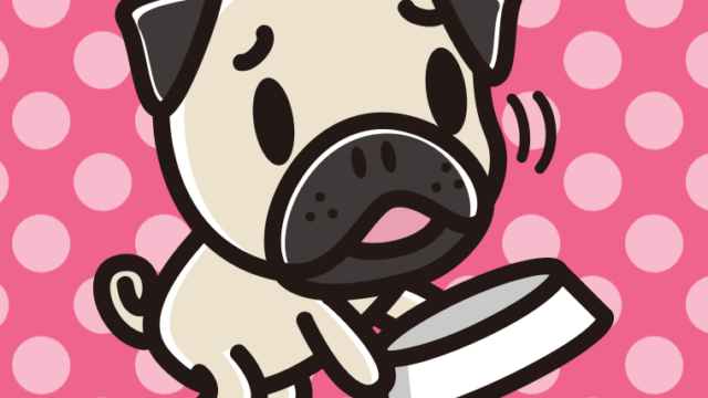 ごはんをもっと食べたいパグちゃん（犬）のイラスト【色、背景あり】PNG