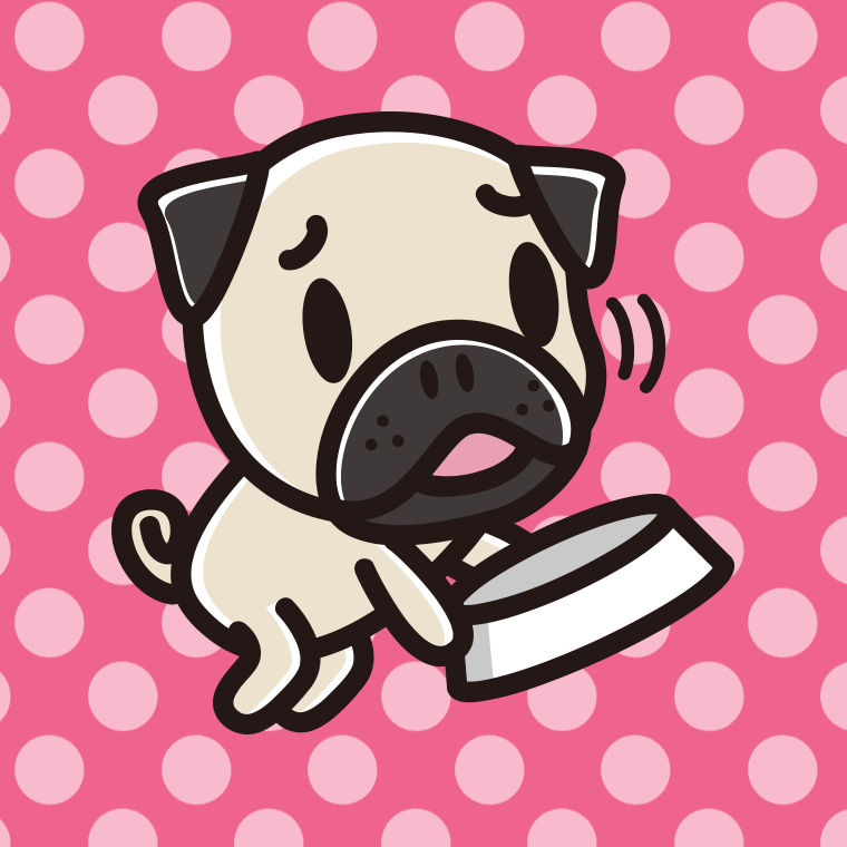 ごはんをもっと食べたいパグちゃん（犬）のイラスト【色、背景あり】PNG