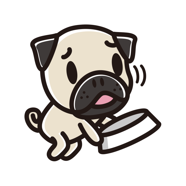 ごはんをもっと食べたいパグちゃん（犬）のイラスト【色あり、背景なし】透過PNG