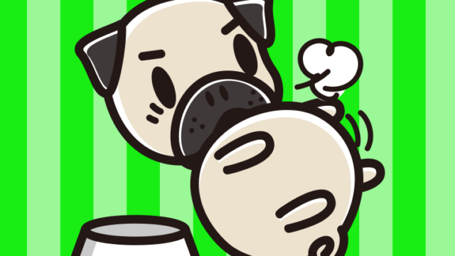 ごはんを食べて満腹なパグちゃん（犬）のイラスト【色、背景あり】PNG