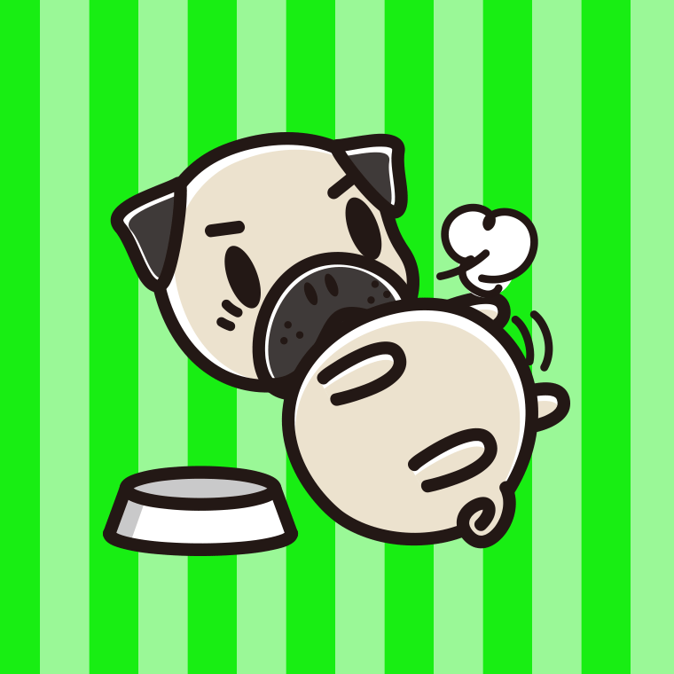 ごはんを食べて満腹なパグちゃん（犬）のイラスト【色、背景あり】PNG