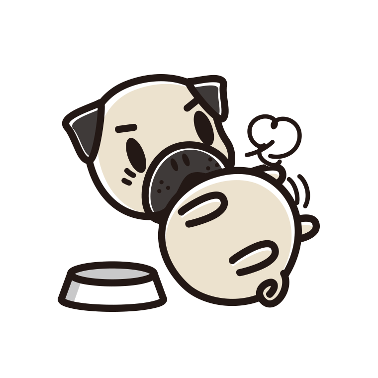 ごはんを食べて満腹なパグちゃん（犬）のイラスト【色あり、背景なし】透過PNG
