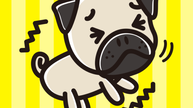 ブルブル震えるパグちゃん（犬）のイラスト【色、背景あり】PNG