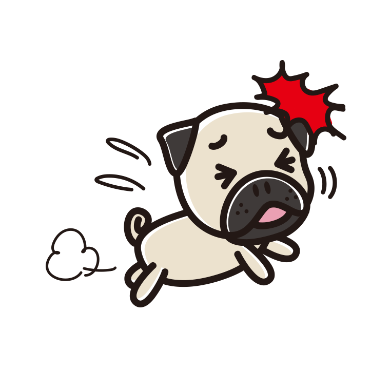 ぶつかるパグちゃん（犬）のイラスト【色あり、背景なし】透過PNG