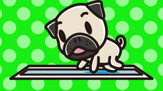 トイレするパグちゃん（犬）のイラスト【色、背景あり】PNG