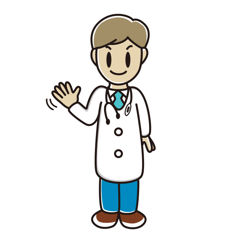 手を振る若手男性医師のイラスト【色あり、背景なし】透過PNG