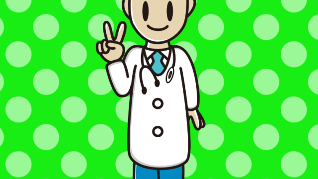 ピースをする若手男性医師のイラスト【色、背景あり】PNG