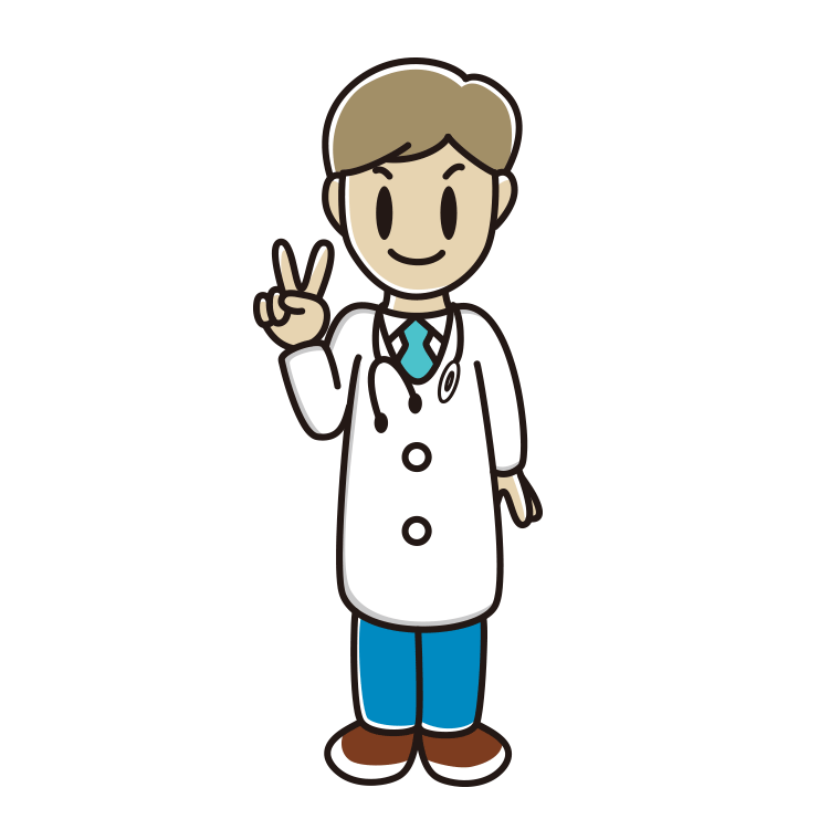 ピースをする若手男性医師のイラスト【色あり、背景なし】透過PNG