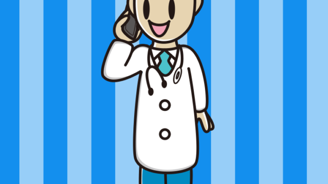 スマホで電話する若手男性医師のイラスト【色、背景あり】PNG