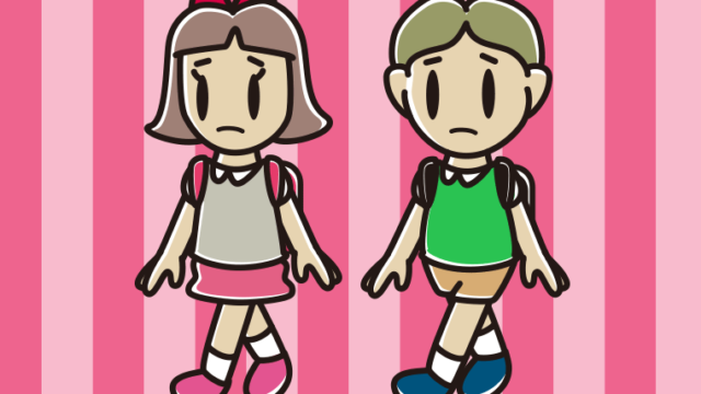 不安そうに通学する小学生のイラスト【色、背景あり】PNG