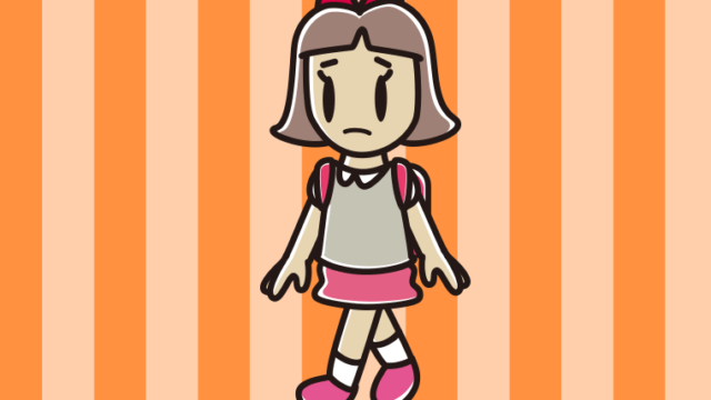 不安そうに通学する小学生女子のイラスト【色、背景あり】PNG