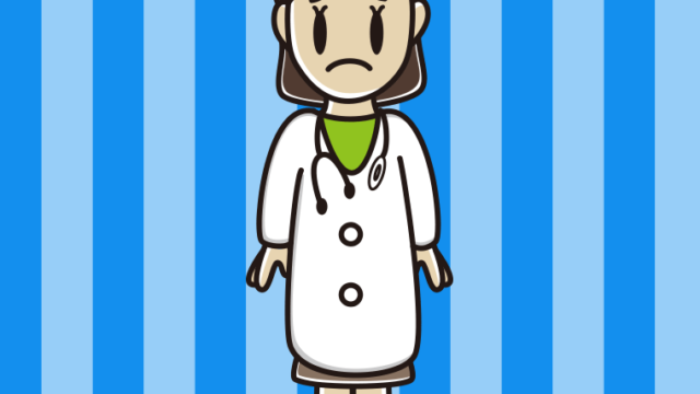 困る若手女性医師のイラスト【色、背景あり】PNG