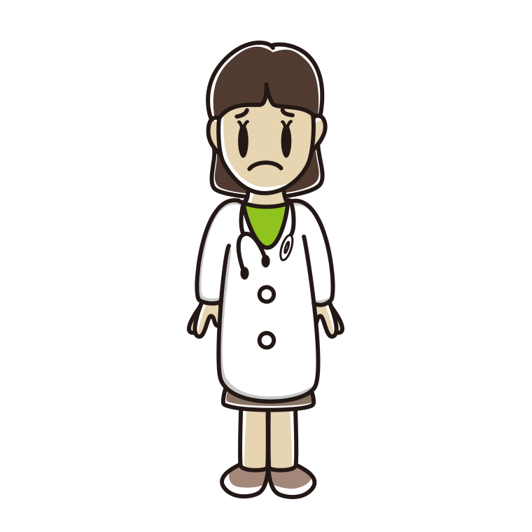 困る若手女性医師のイラスト【色あり、背景なし】透過PNG