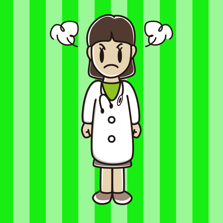 怒る若手女性医師のイラスト【色、背景あり】PNG