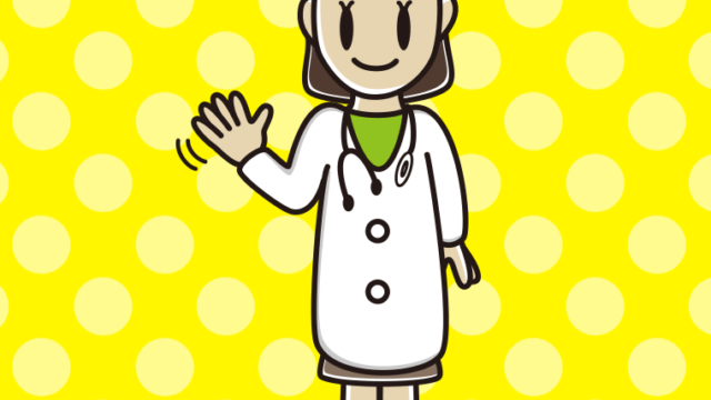 手を振る若手女性医師のイラスト【色、背景あり】PNG