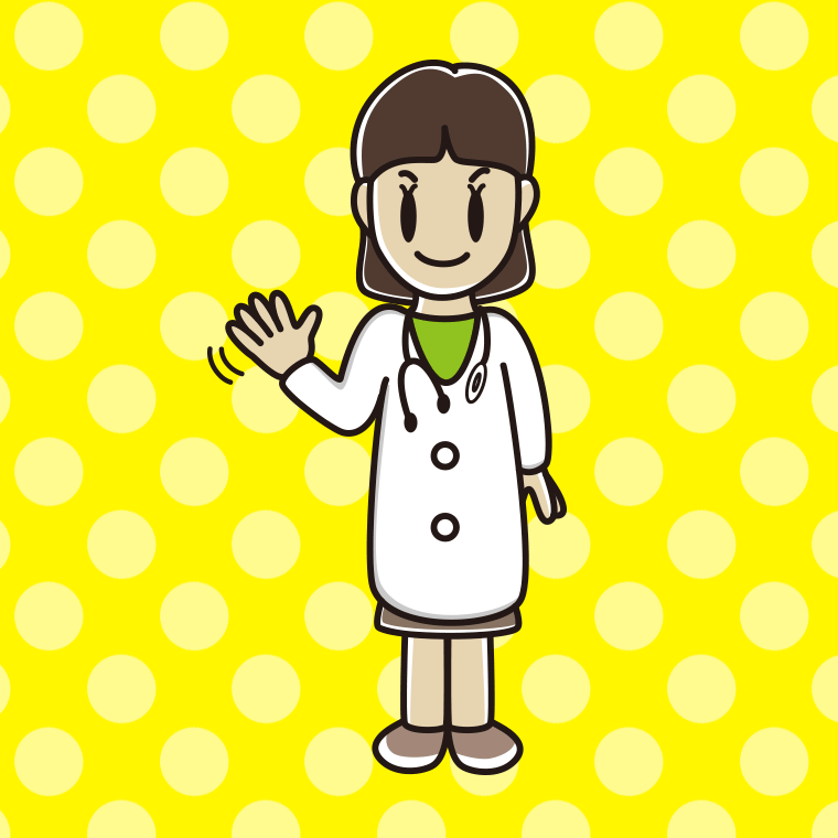 手を振る若手女性医師のイラスト【色、背景あり】PNG