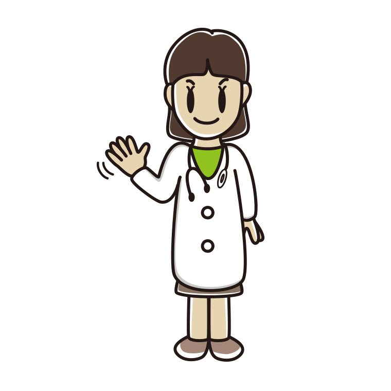 手を振る若手女性医師のイラスト【色あり、背景なし】透過PNG