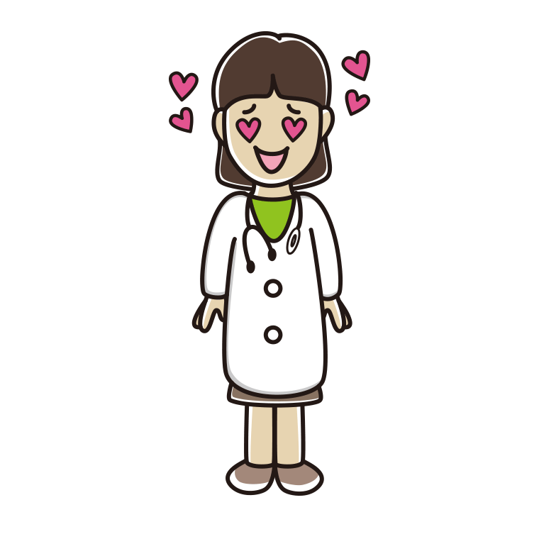 目がハートの若手女性医師のイラスト【色あり、背景なし】透過PNG