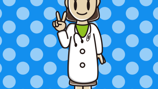 ピースをする若手女性医師のイラスト【色、背景あり】PNG