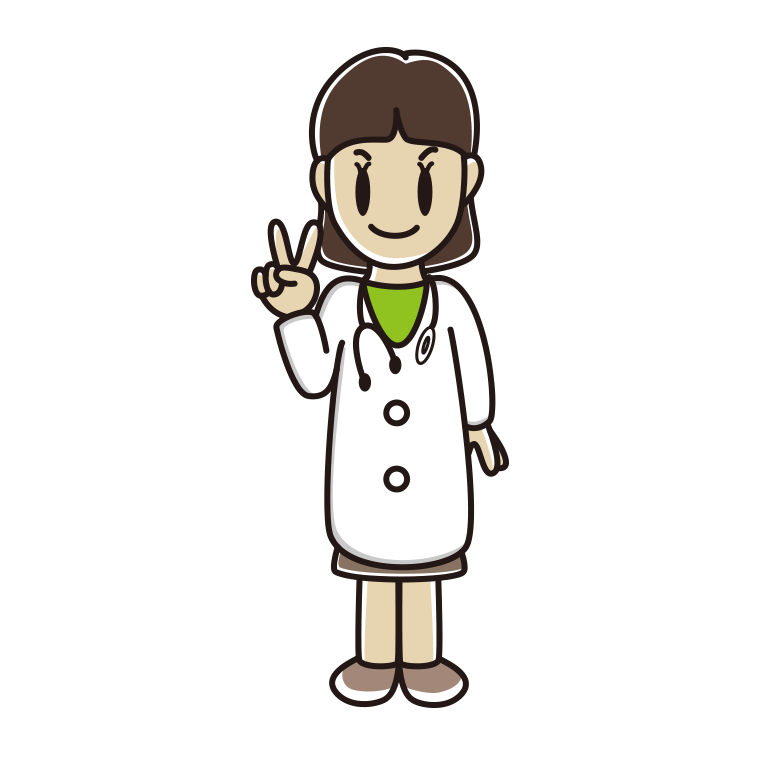 ピースをする若手女性医師のイラスト【色あり、背景なし】透過PNG