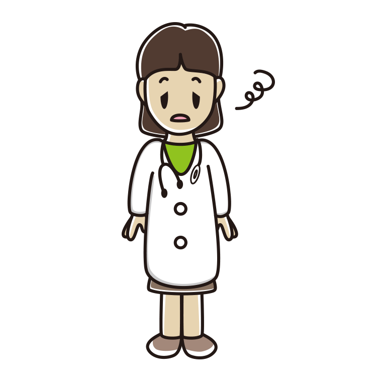 ぼーっとする若手女性医師のイラスト【色あり、背景なし】透過PNG