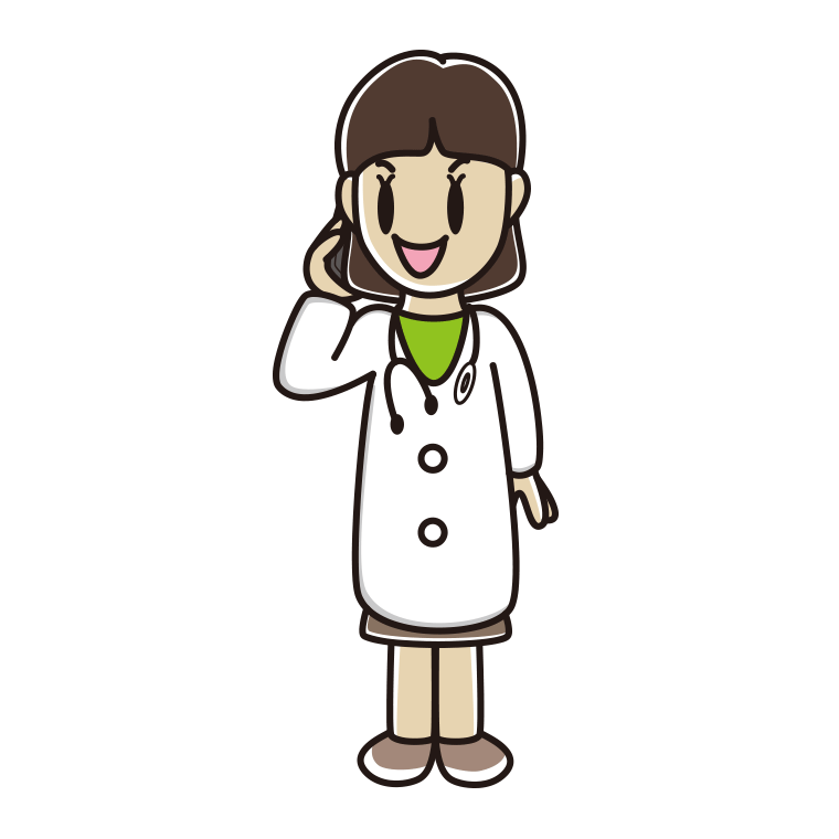 スマホで電話する若手女性医師のイラスト【色あり、背景なし】透過PNG
