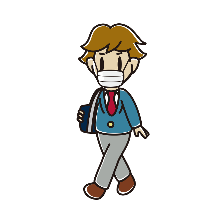 マスクをして通学する男子高校生のイラスト【色あり、背景なし】透過PNG