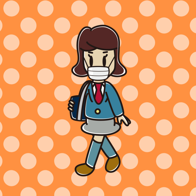 マスクをして通学する女子高校生のイラスト【色、背景あり】PNG