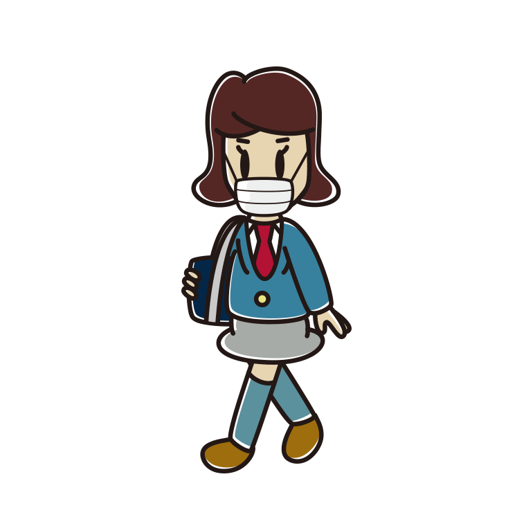 マスクをして通学する女子高校生のイラスト【色あり、背景なし】透過PNG