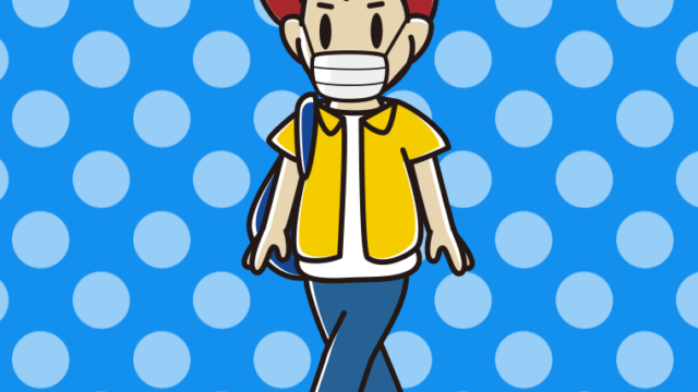 マスクをして通学する男子大学生のイラスト【色、背景あり】PNG