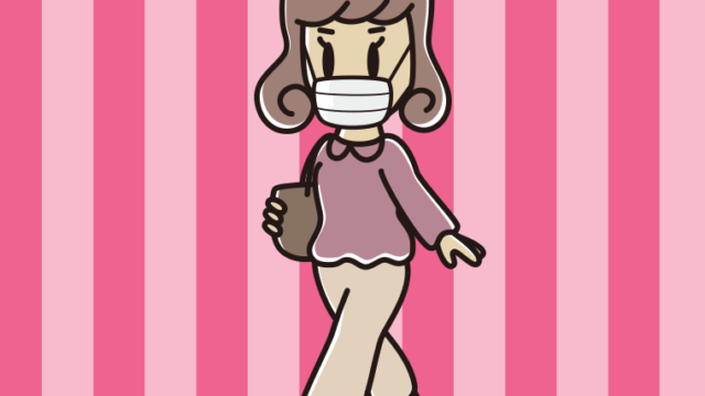 マスクをして通学する女子大学生のイラスト【色、背景あり】PNG