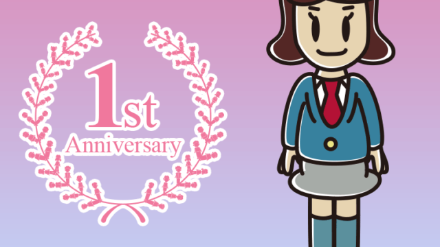 1周年記念をお祝いする女子高校生のイラスト【色、背景あり】PNG