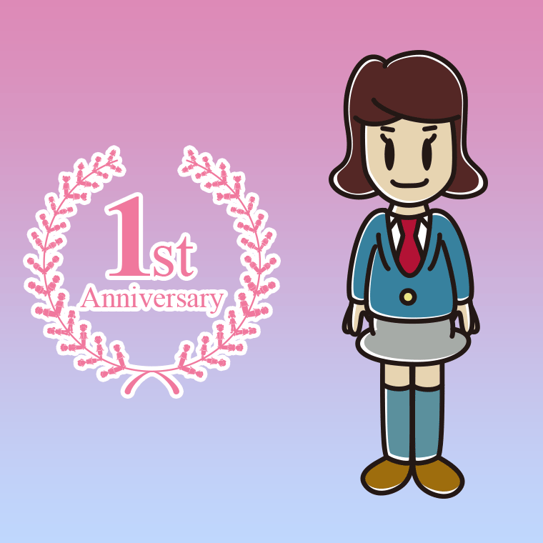 1周年記念をお祝いする女子高校生のイラスト【色、背景あり】PNG