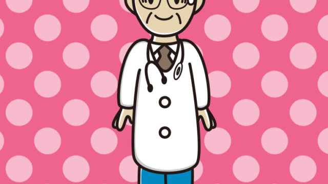 苦笑いする年配男性医師のイラスト【色、背景あり】PNG